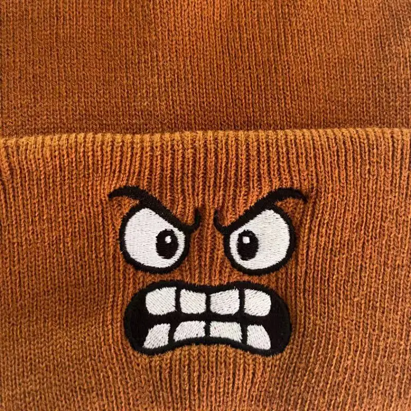 Cute Angry Expression Embroidered Knitted Hat for Men Women Winter Warm Hat Anime Beanie Cap Funny Ski Hat Headwear Beanies