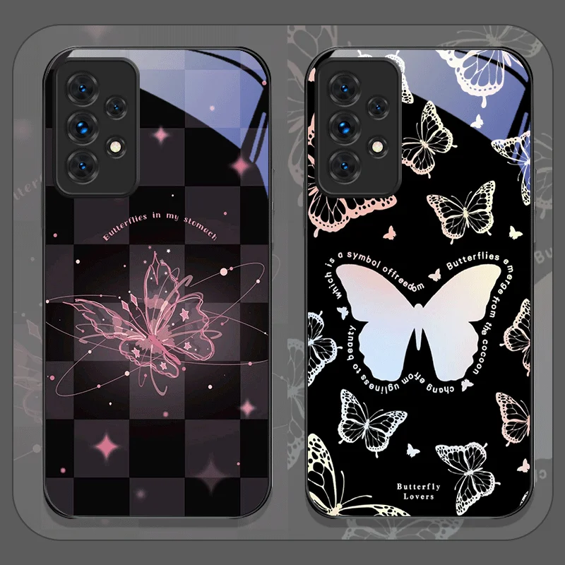 

INS модный чехол для телефона из закаленного стекла с узором бабочки для Samsung Galaxy A56 A17 A55 A54 A53 A52 A36 A14 A31 A51 A22 5G Cover