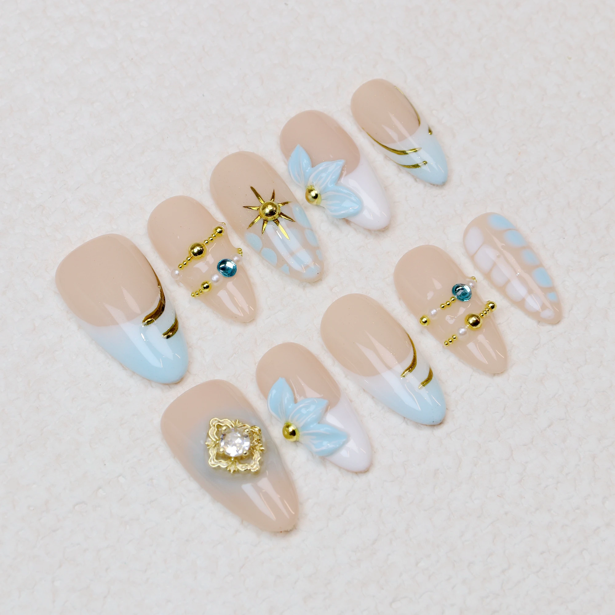 10Pcs 3D 꽃 중간 아몬드 Alegance 프레스 손톱, 사용자 정의 손으로 그린 ​​꽃 손톱, 접착제 네일 파일 세트와 Y2K 디자인