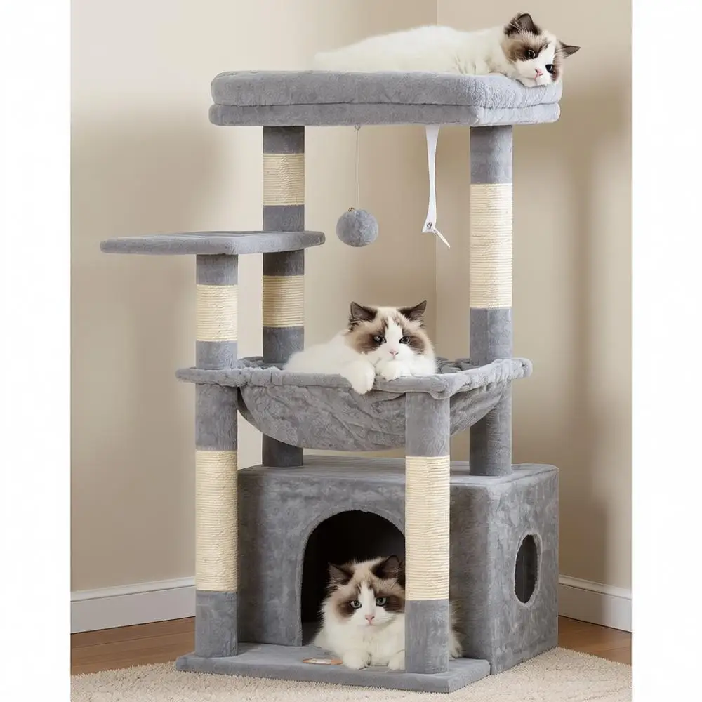 

Cat Tree, Kitten Tower with Large Cat Basket, Cat Condo with Spacious Bed Cave, Sisal-Covered Scratching Posts, Dangling Ball fo
