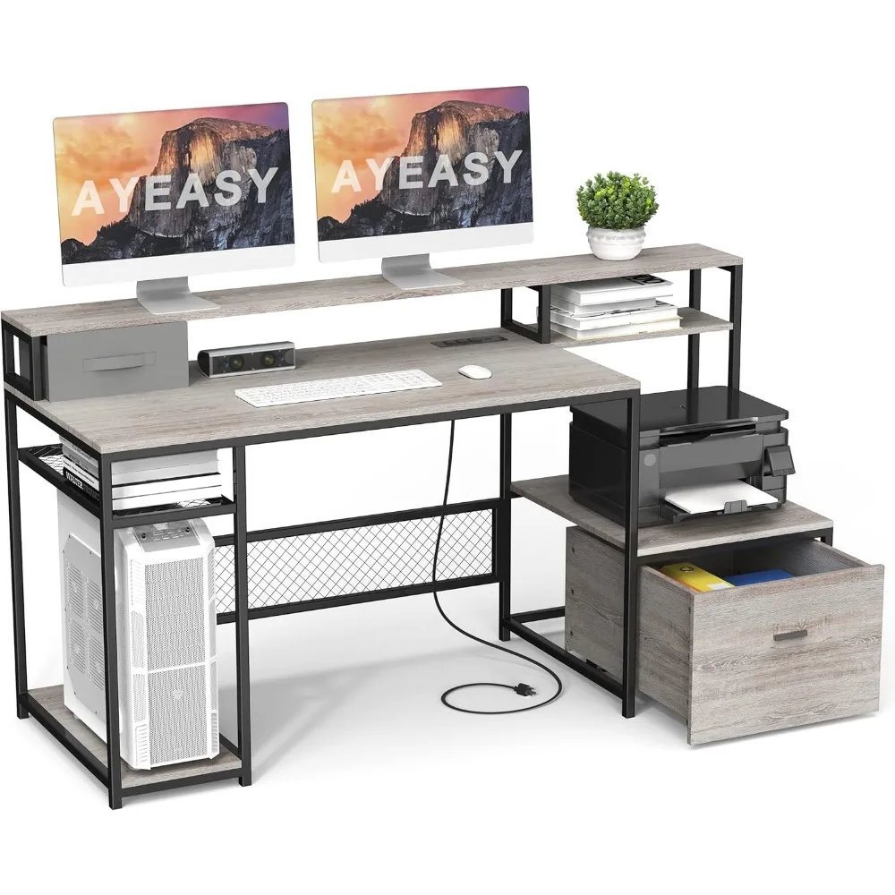 

Home Office Desks with Drawers, 66'' Computer Desk with Storage, Office Desk with Monitor Stand, Work Desk with Outlets and USB