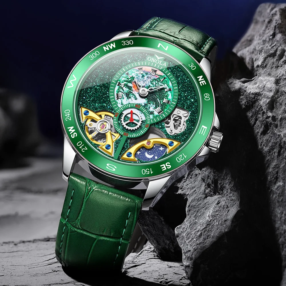 ONOLA New Luxury Men Watch Business Leather Starry Sky Dial Waterproof Original Men Automatic Mechanical Watch Men Clock