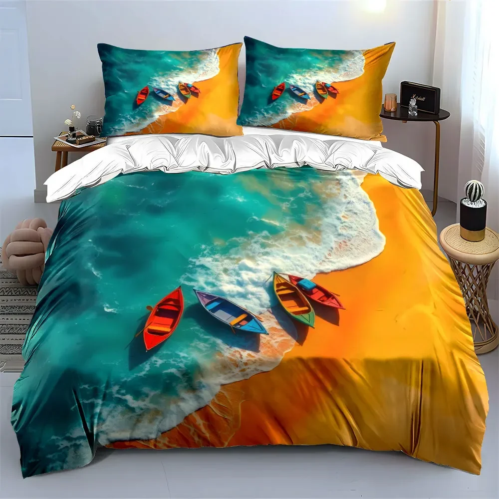 Colorful Boats Beach Decor Set Soft Comfortable Duvet Cover Bedding Set Included 1*Duvet Cover & 2*Pillowcases, gift