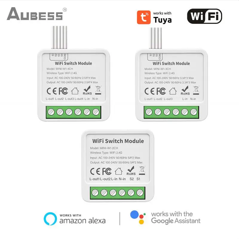 AUBESS Tuya Wifi / Zigbee 16A Mini Smart Switch 1/2/3/4 Gang Support 2-way Control For Smart Life Alexa Google Home Yandex Alice