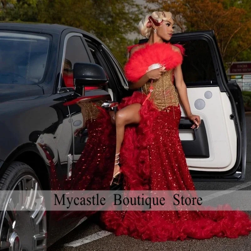 Customized Aso Ebi Red Sequins Evening Dress 2026 Gold Crystal Applique Beading African High Slit Prom Dress Party Gown