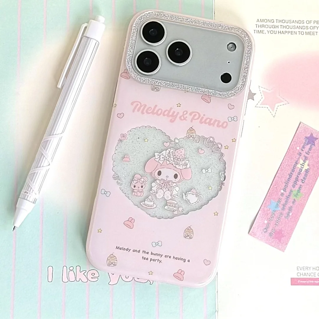 

Cute My Melody Sweet pink Heart Phone Case For iPhone 17 16 15 14 13 Pro Max Plus 17 Air Girls Soft Cover Glitter Clear Shell
