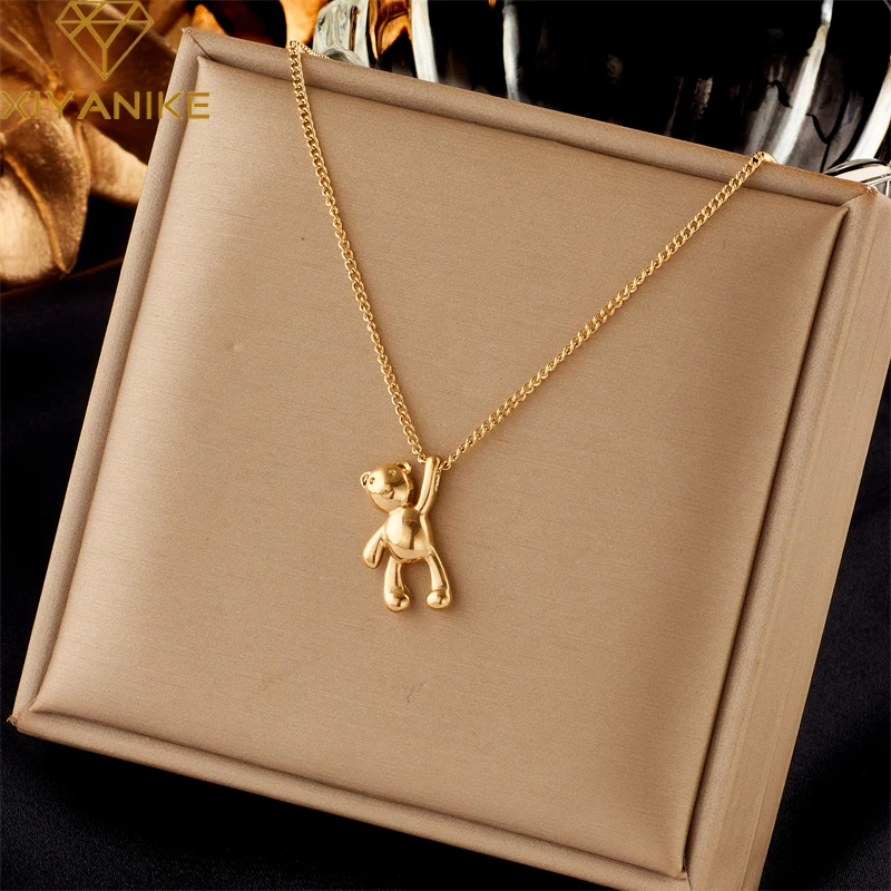 XIYANIKE 316L Stainless Steel Necklace Bear Pendant Chain Accessories for Women New Trends Christmas Girl Jewelry Gifts Collier