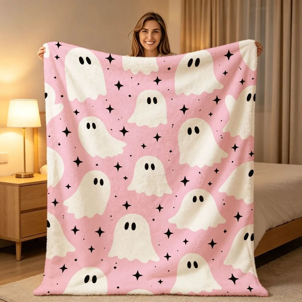 Adorable Pink White Ghost Black Star Throw Blanket Plush Couch Cover For Cute Halloween Party Home Decor Gift