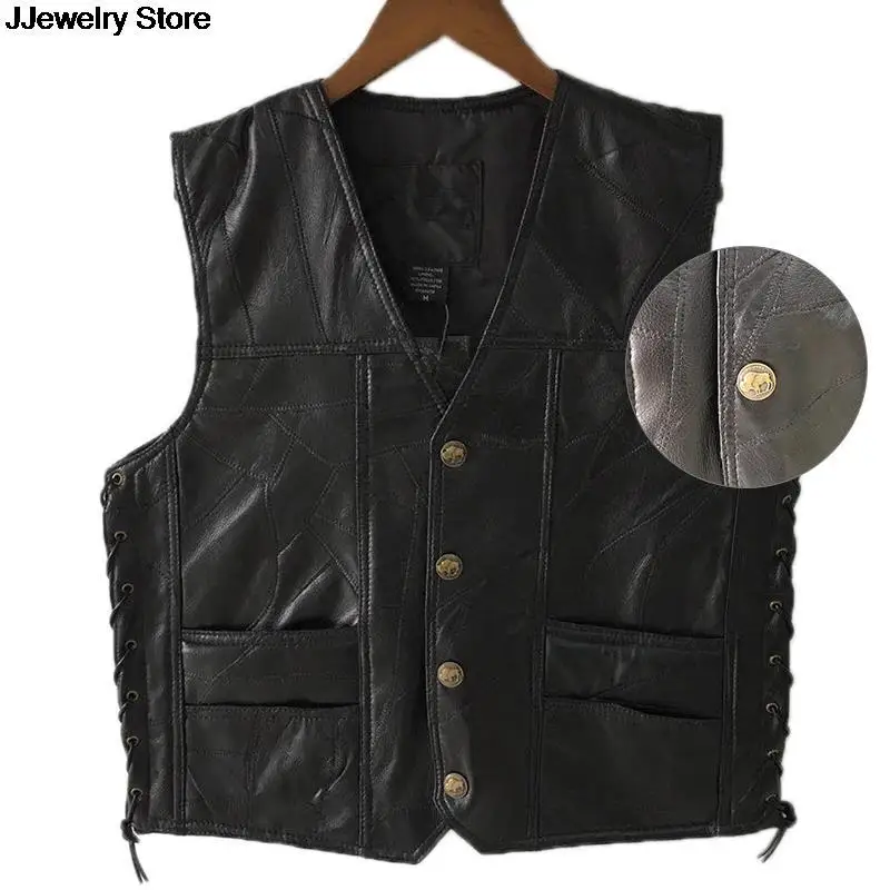 

2020 Black Leather Motorcycle Vest For Men Genuine Leather Punk Biker Vest Lace Button Autumn Sleeveless Jacket For Men