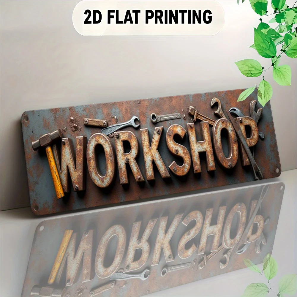 2D Flat,Signboard, a Decorative Item with a Fashionable European Style Rustic Metallic Letters Tools Aligned Workshop Background
