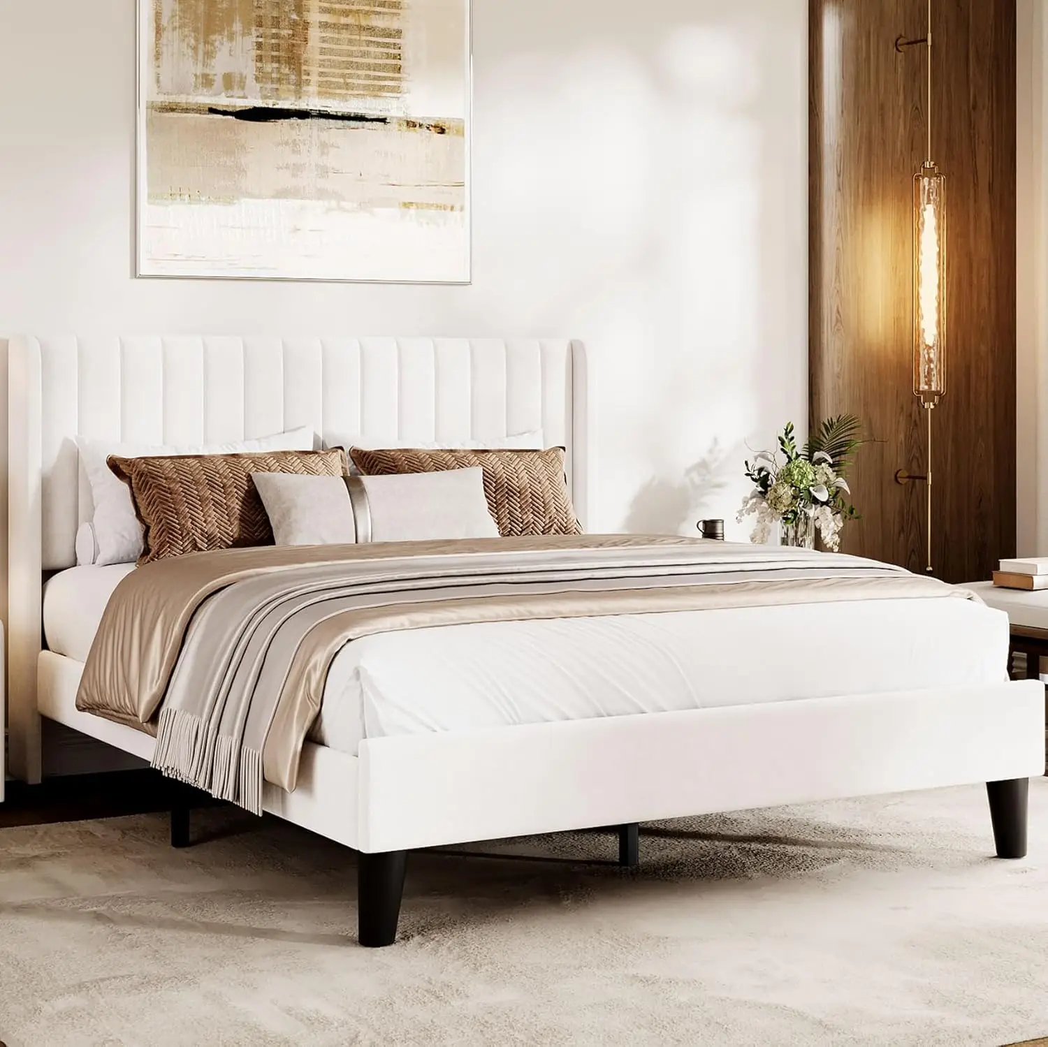 Full Size Velvet Bed Frame/Vertical Channel Tufted Wingback Headboard/Upholstered Platform Bed/Wood Slats/No Box, Customized