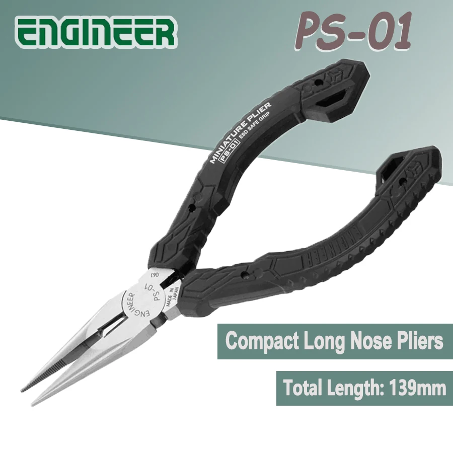 ENGINEER PS-01G Compact Precision Compact Long Nose Pliers with Wire Cutter Miniature Needle Nose Pliers ESD Safe with Carbon St