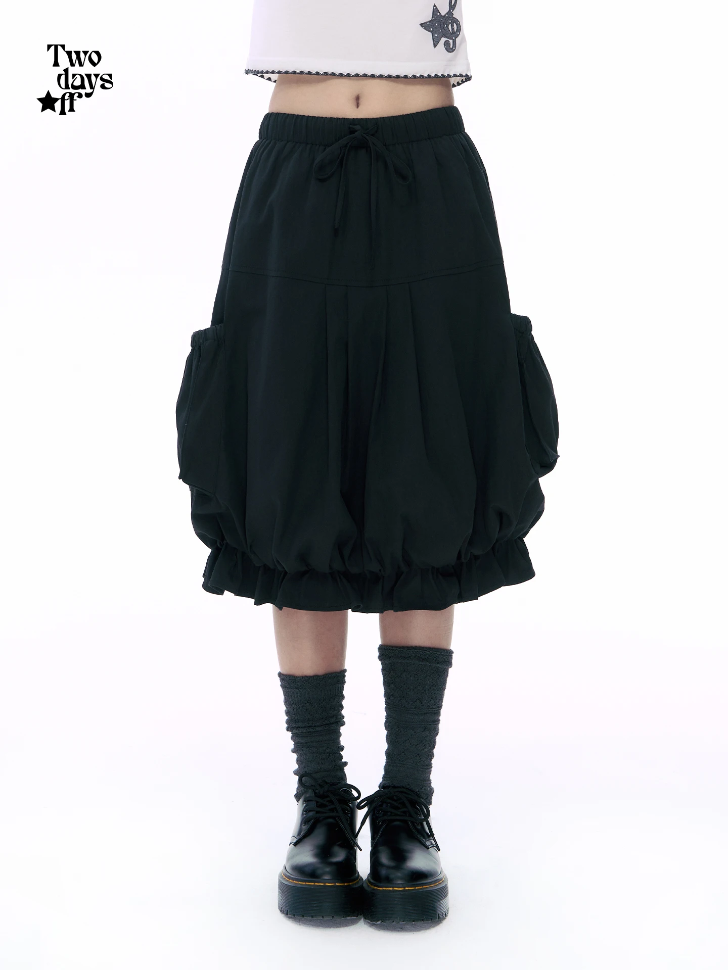 Twodaysoff Korean Y2K Half-length Skirt with Drawstring Casual Pleated Midi Skirt for Women Weekend Special Cotton Blend