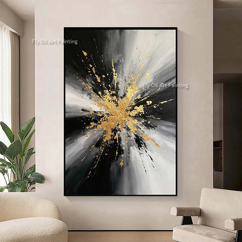 Textured Hand Painted Abstract Canvas Oil Painting Black White Gold Leaf Burst Art Luxury Modern Vertical Wall Art for Interior