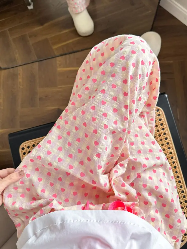 

Свободные хлопковые пижамные штаны с клубничным узором, тонкие хлопковые летние домашние штаны с пузырьками, повседневная удобная женская одежда
