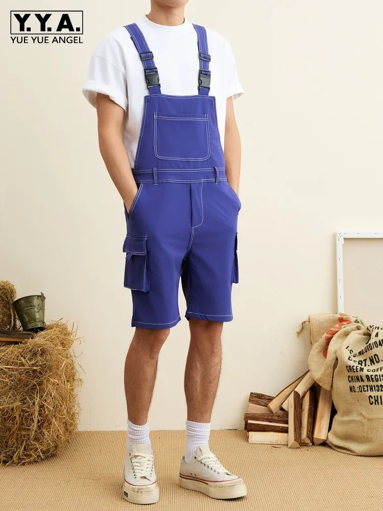 Summer Men Casual Knee Length Strap Overalls Streetwear Suspender Straight Shorts Comfortable Slim Fit Multi Pocket Cargo Shorts