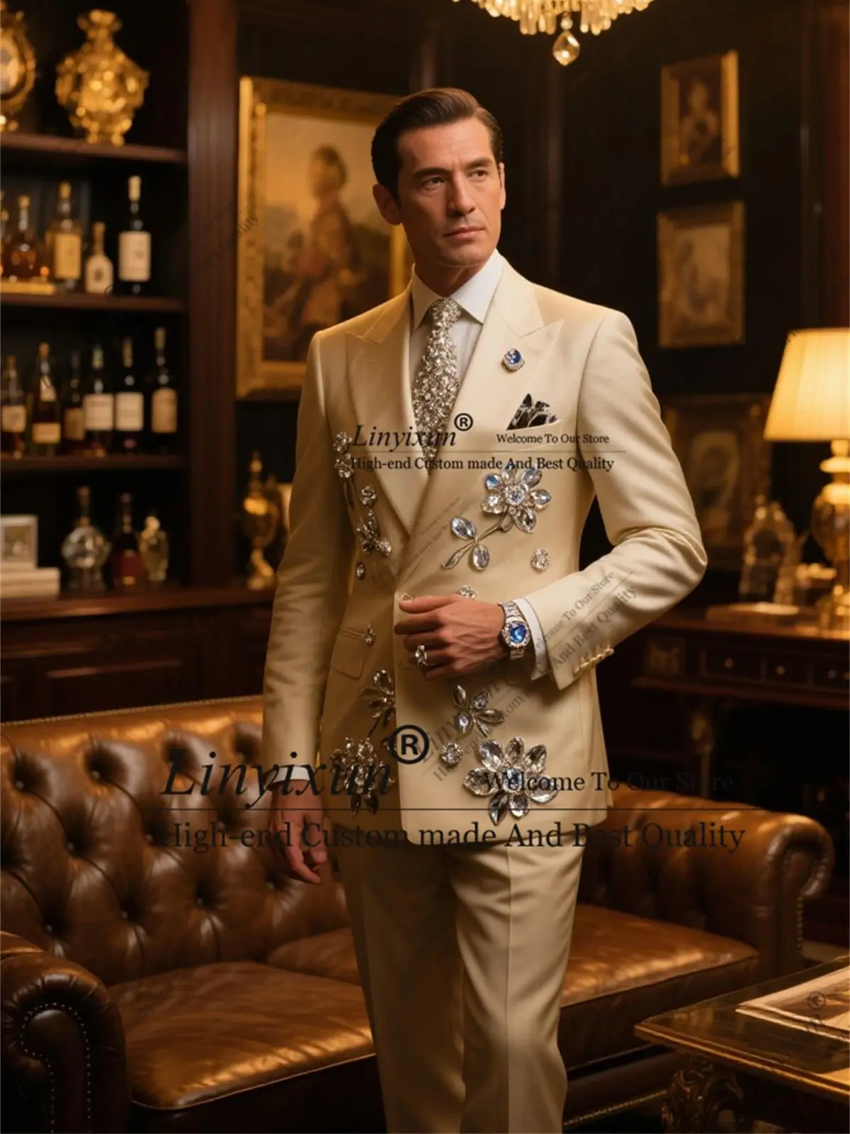 

Dazzling Diamond Design Men Suit Slim Fit Groom Prom Tuxedo 2 Piece Sets Groom Blazer Male Crystal Party Ropa Hombre Customized