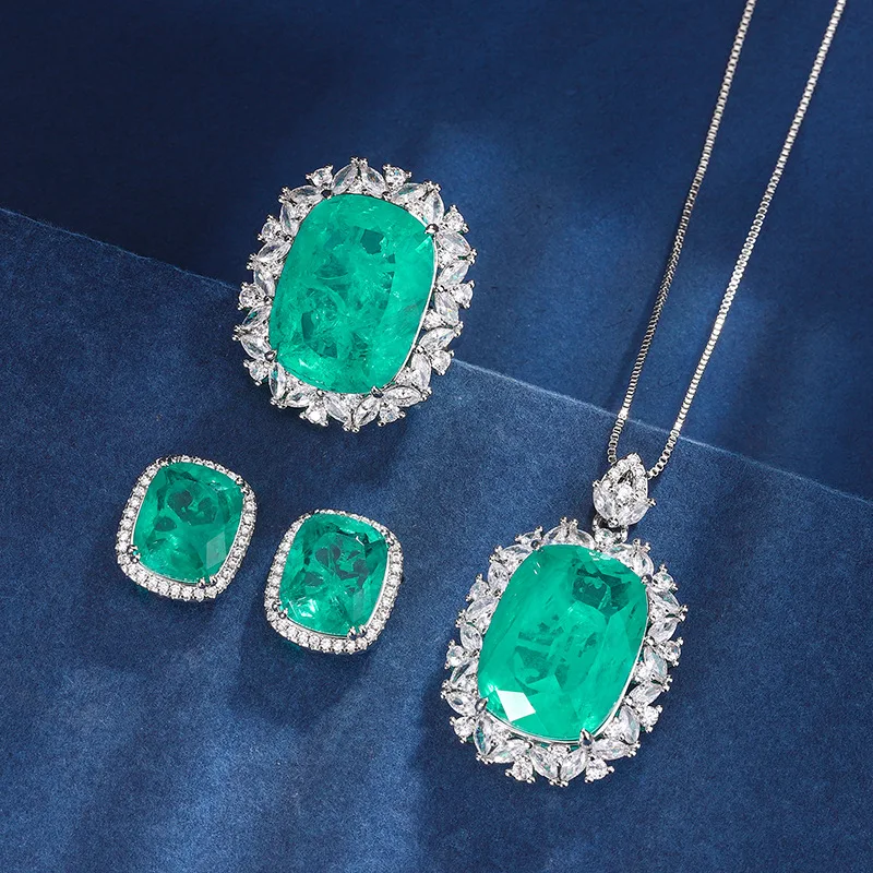 

Imitation Green Emerald Gemstone Pendant Necklace Stud Earrings Adjustable Ring Women Jewelry Set