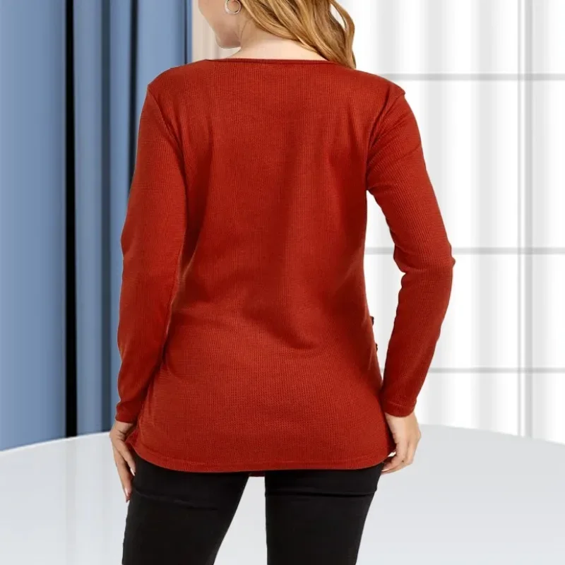 قاعدة ناعمة ومريحة للرضاعة الطبيعية للنساء الحوامل، لون أحمر خمري، رقبة مستديرة، تي شيرت عالي الجودة بأكمام طويلة #5