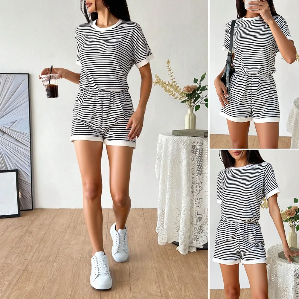 

Mia Muse Boutique Sets Casual Decent Summer Stripes Short Sleeve Round-Neck Natural Waist Short Daily Basic Sets For Women