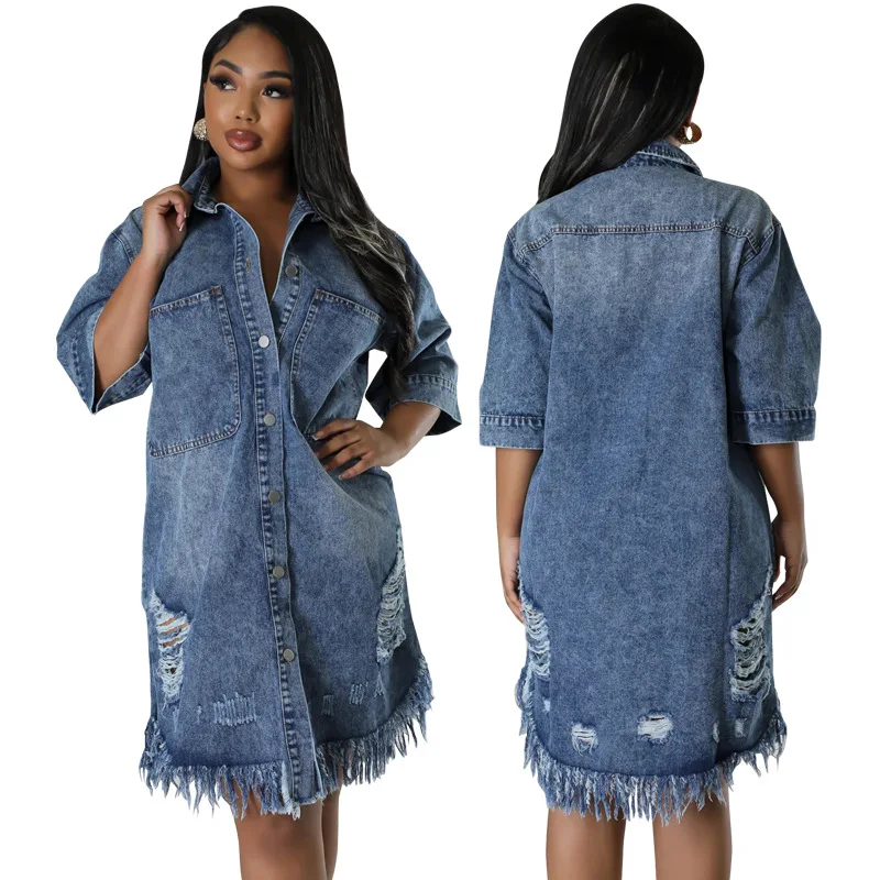 

218680 New Plus Size Women's Fashion New Ripped Fringe Short Sleeve Turn-down Collar Dress Factory Direct Sale
