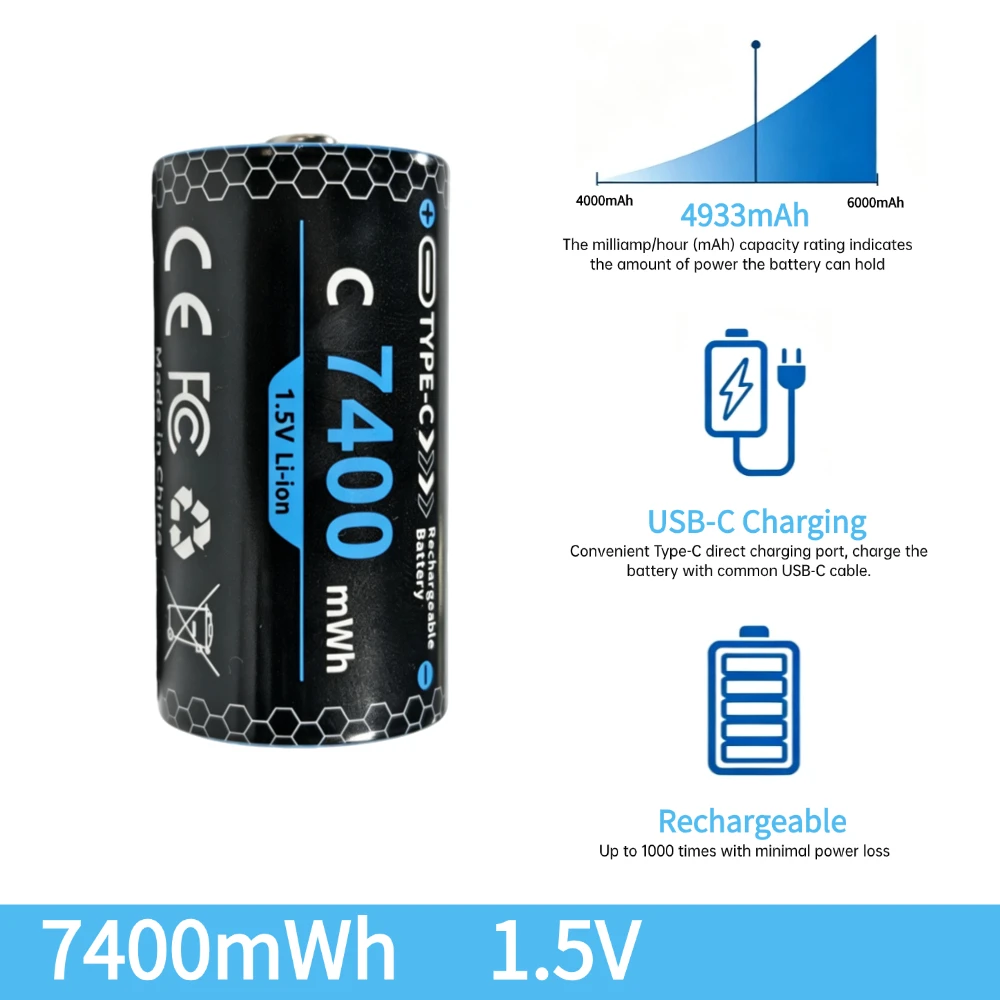PUJIMAX 1-12PCS 1.5V C Size Rechargeable Battery Type C USB Charging LR14 Li-ion C Battery Batteries for Flashlight Gas Cooker
