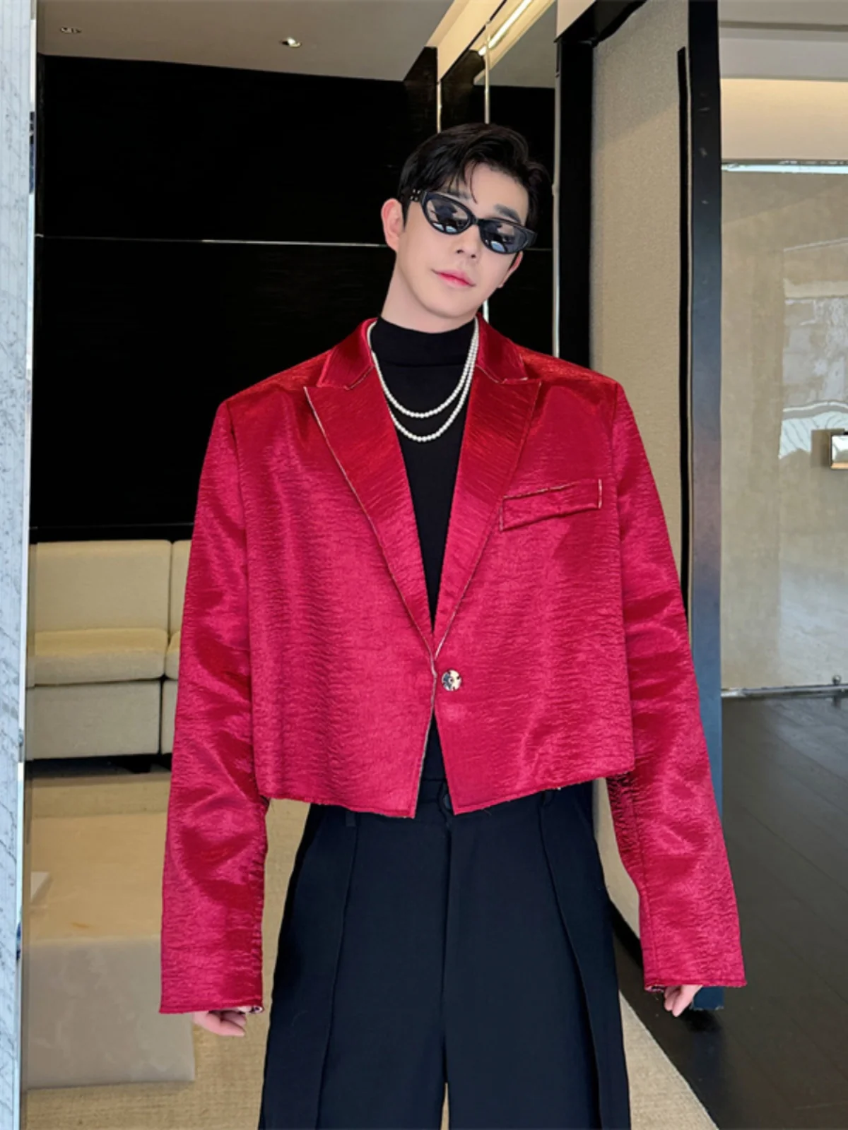 

Мужская куртка Ort Tailored: глянцевая, для выступлений, свободного кроя, класса люкс, повседневная, в корейском стиле, с длинными рукавами, осенняя одежда