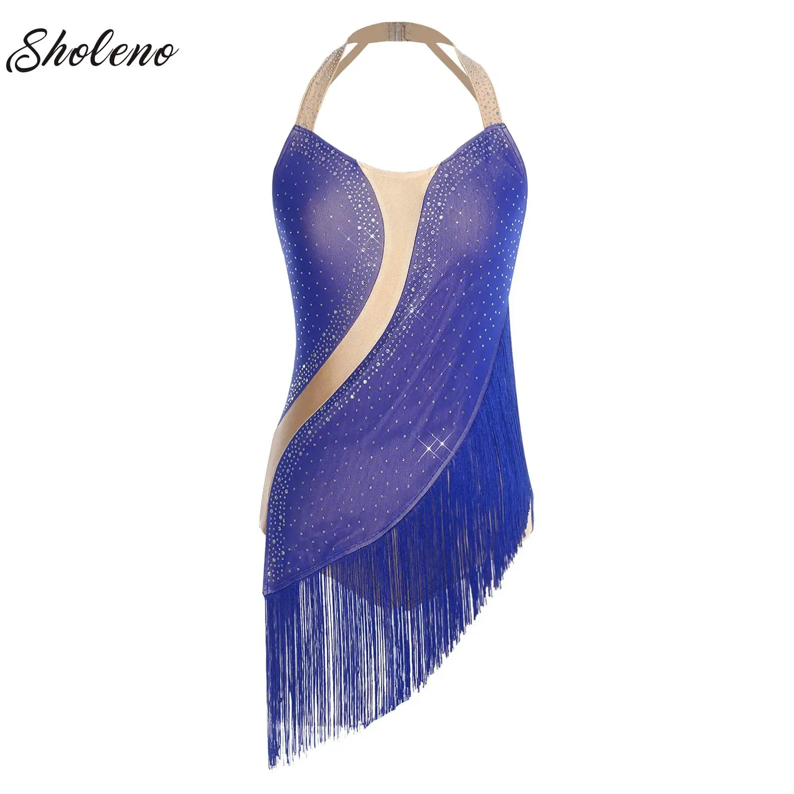 

Women Figure Skating Latin Dance Leotard Halter Rhinestones Adorned Backless Tassels Leotard Dresses for Performance Competition