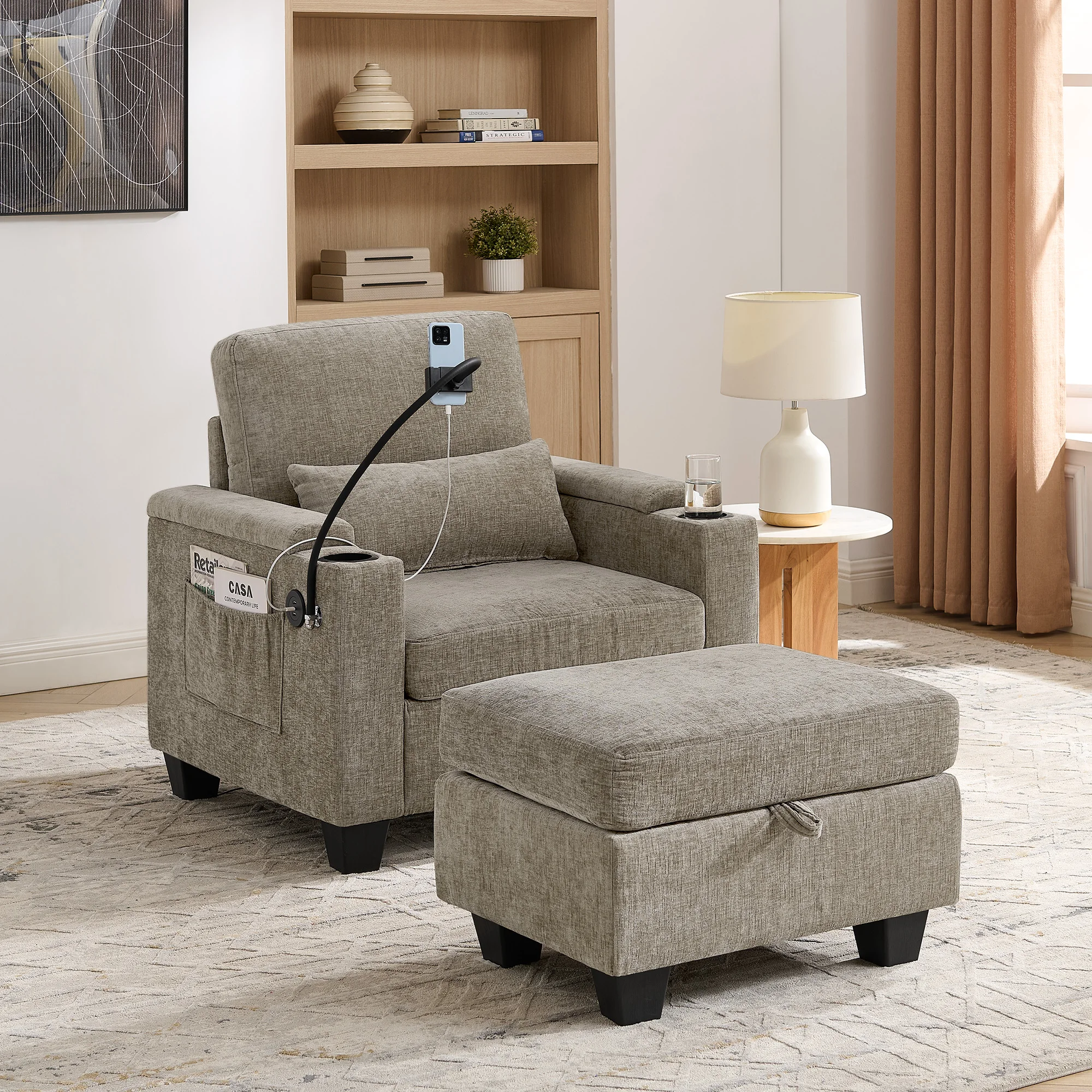 Single Recliner Sofa Chair with Adjustable Backrest, Brown PU Leather Lazy Lounge Chair with USB Port, Phone Stand & Hidden Storage, Includes Matching Ottoman