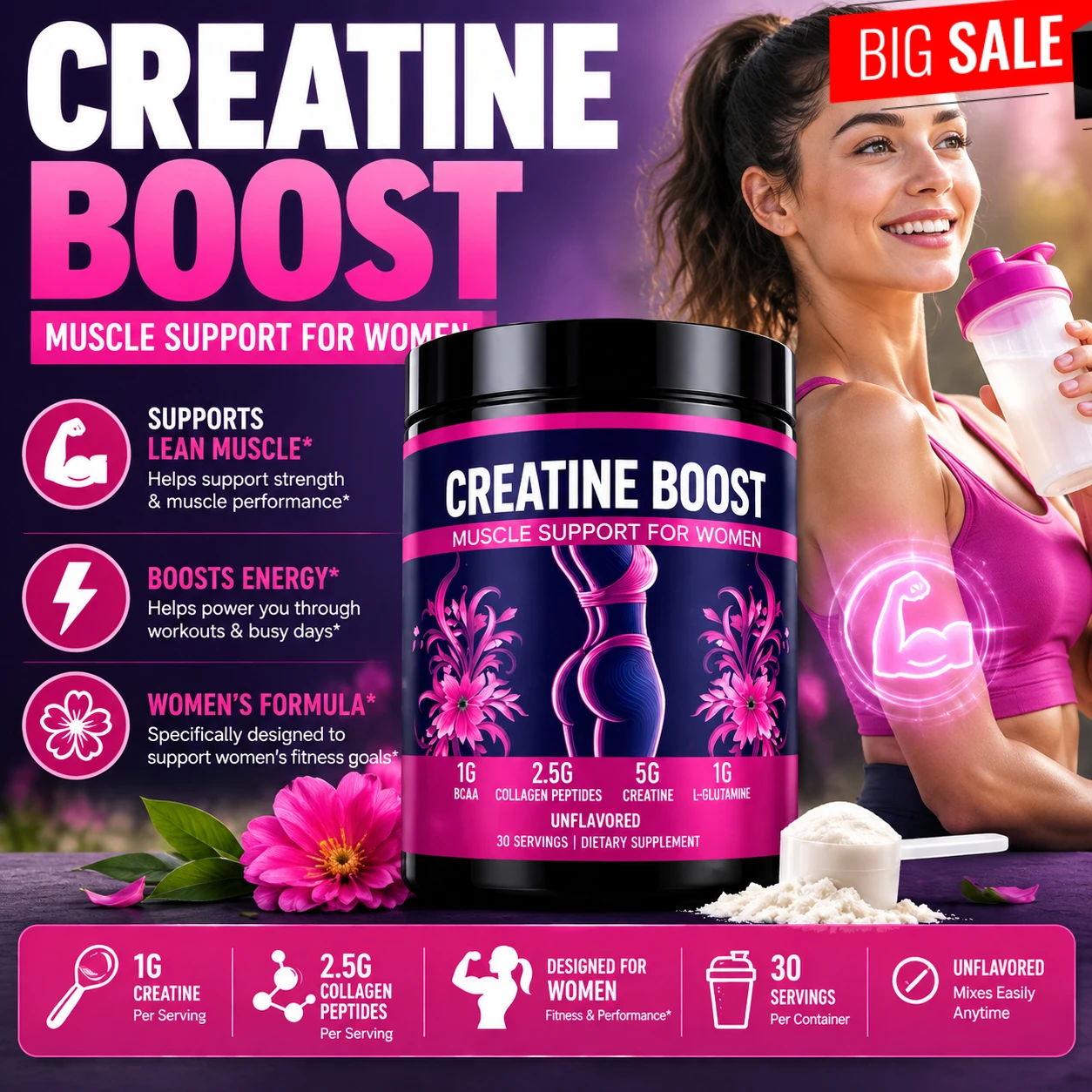Creatine Powder for Women Booty Builder with Collagen Peptides BCAA L-Glutamine Unflavored Post-Workout Recovery Elasticity