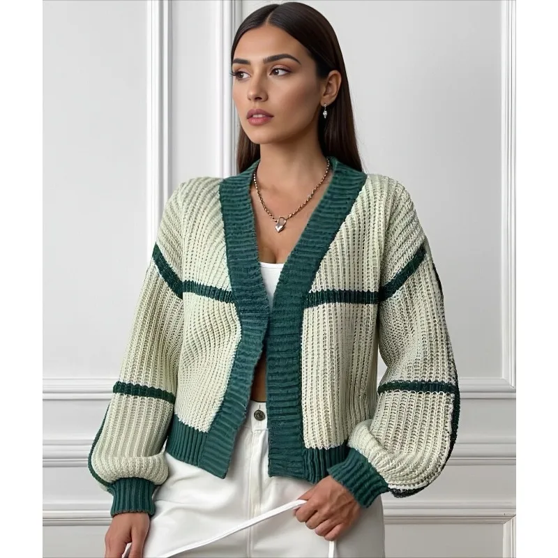 

Short Loose Contrasting Color V-neck Single Breasted Women's Knitted Cardigan Autumn and Winter Fashion Elegant Sweater Coat