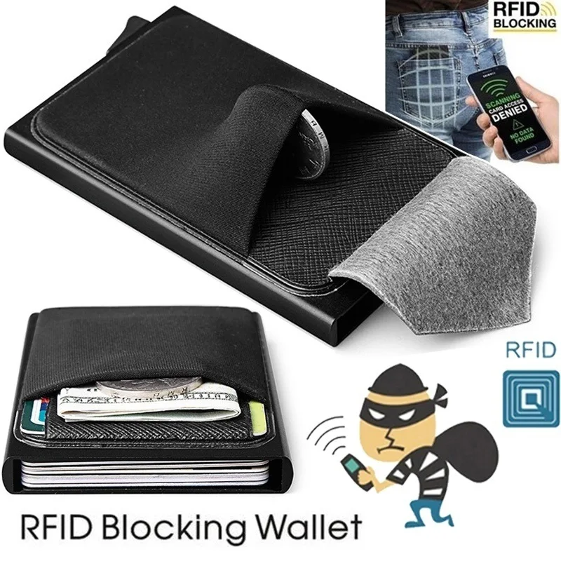 New Slim Aluminum Wallet With Elasticity Back Pouch ID Credit Card Holder Mini RFID Wallet Automatic Pop up Bank Card Case