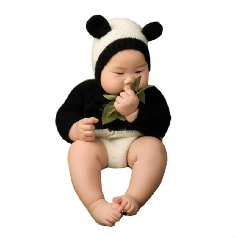 54DF 幼児写真小道具手作りかぎ針編みパンダ帽子ジャンプスーツ Photostudio ポーズ着用ロンパース新生児シャワーギフト 2 個