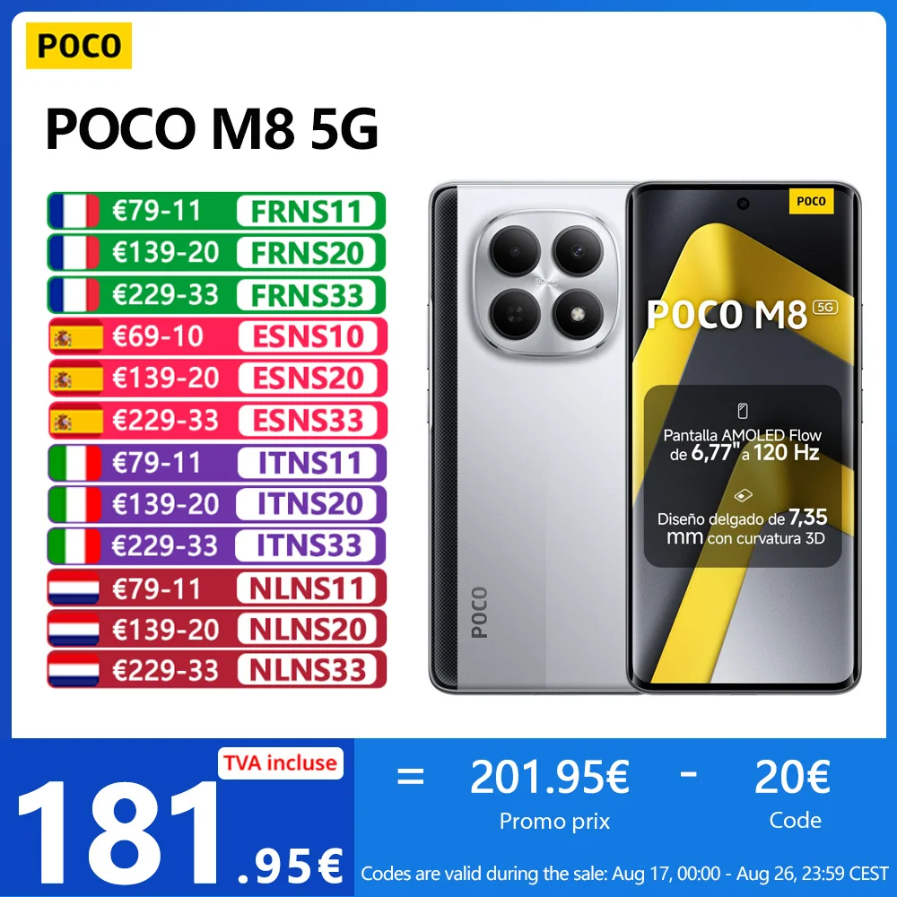 POCO M8 5G, NFC, Snapdragon® 6 Gen 3, Pantalla Flow AMOLED 6.77″ 120 Hz, Cámara de 50 MP, 5520 mAh, IP65