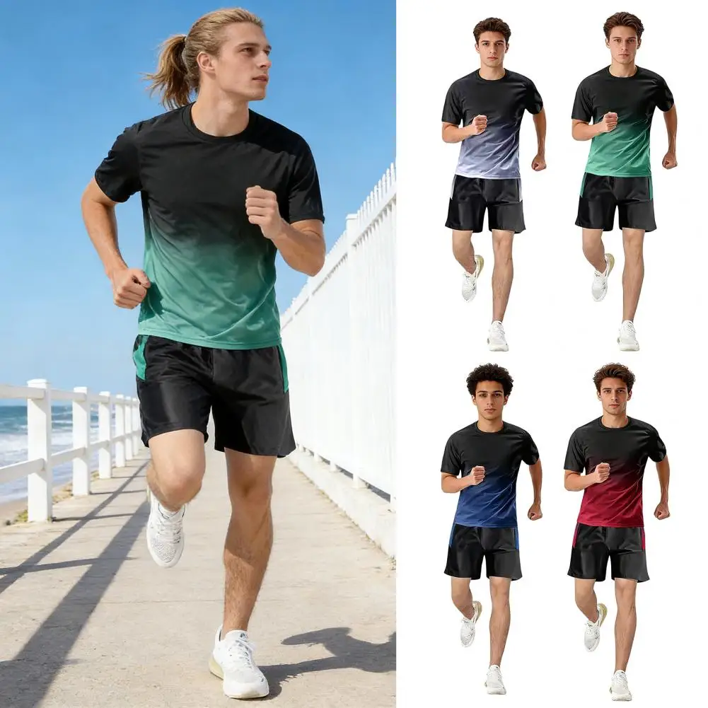 

2Pcs Men Summer Sportswear Crew Neck Short Sleeve T-shirt Elastic Waist Wide Leg Shorts Set Quick Drying Thin Athletic Suit