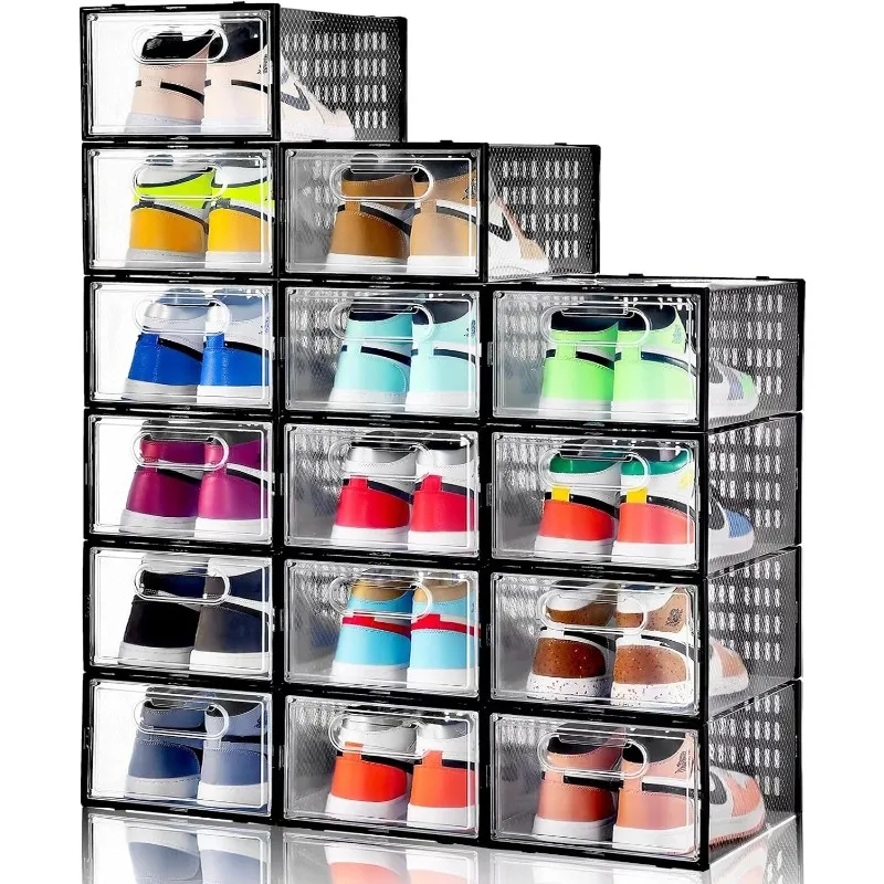 

15 Pack Shoe Storage Boxes, Clear Plastic Stackable Shoe Organizer for Closet, Shoe Box with Magnetic Door, Foldable