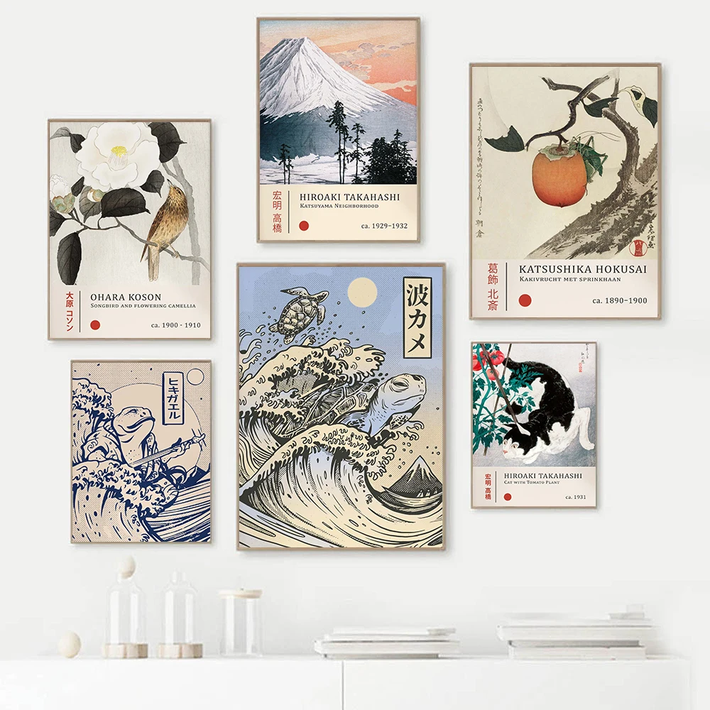 1pc frameless Canvas Painting Ukiyo-e Big Wave Kanagawa Poster Abstract Art Wall Canvas Print Japan Retro Hokusai Camellia Tradi