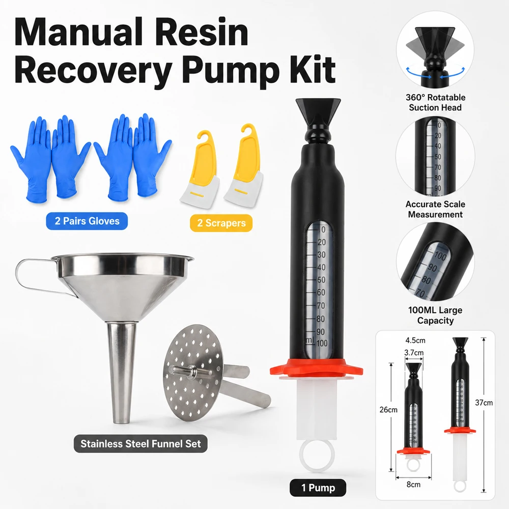 Manual Resin Recovery Pump Kit 100ML UV Resin Suction Tool with Stainless Steel Filter Funnel Scrapers Gloves for SLA DLP LCD 3D
