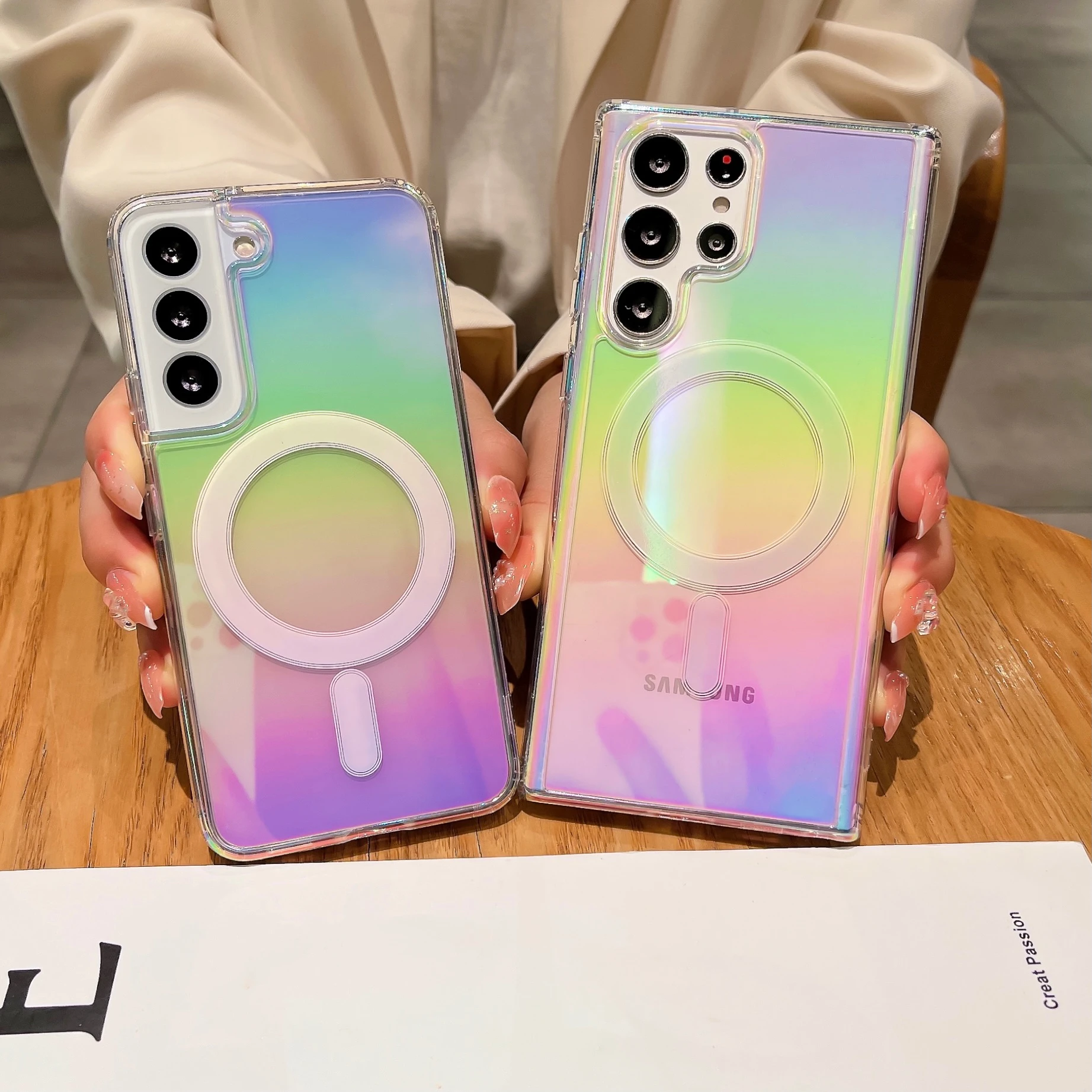 Farbverlauf Laser Regenbogen für Magsafe Magnetische Hülle für Samsung Galaxy S25 S24 S23 S22 Plus Ultra FE Bling Fashion Cover