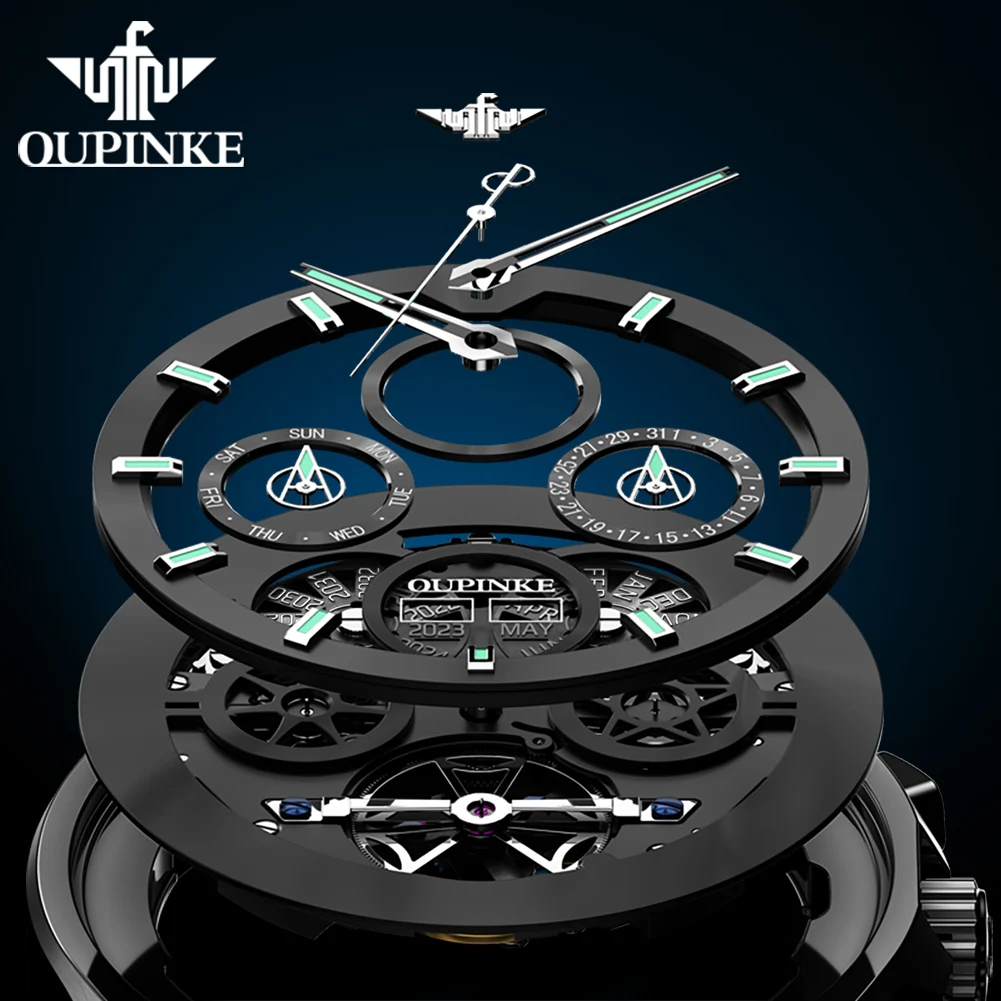 OUPINKE 3233 ساعة رجالية هيكل عظمي أسود دولاب الموازنة العصرية للرجال ساعة ميكانيكية أوتوماتيكية بالكامل متعددة الوظائف ساعة رجال الأعمال #5