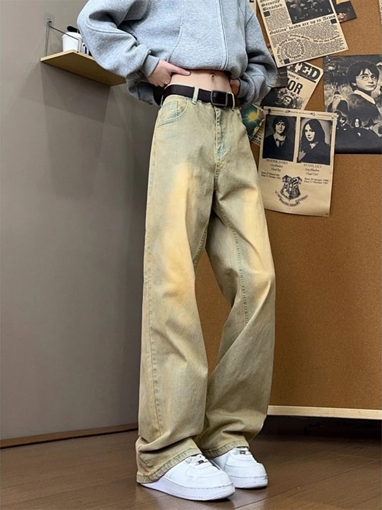 

Мужские джинсы American Retro из выстиранного денима, цвета желтой грязи, с прямым кроем и легким клешем, идеальная посадка, для отдыха