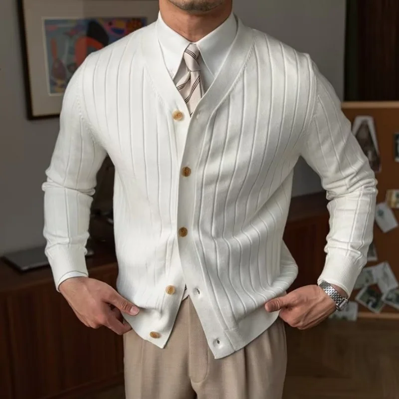 

Новый вязаный свитер, мужской весенне-осенний тренд, однотонные повседневные топы с v-образным вырезом для молодежи, дышащий тонкий свитер, кардиган