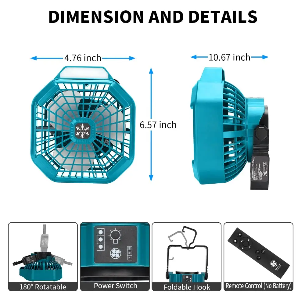 For Bosch 18V Lithium Batteries Portable Outdoor Fan with 3 Energy-saving Speed Settings Ideal for Home,  Camping and Workplaces