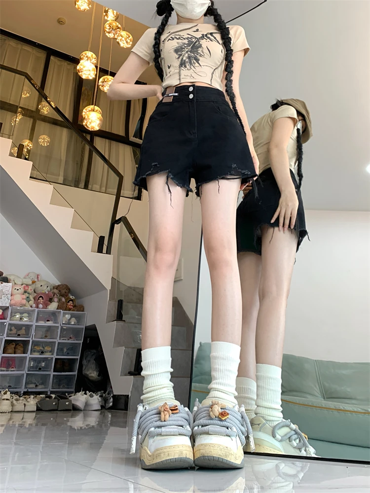 

High Waist Black Denim Shorts Women's Spring New Style Slimming Hot Pants Wide Leg Loose Fit Frayed Trendy Casual Jeans
