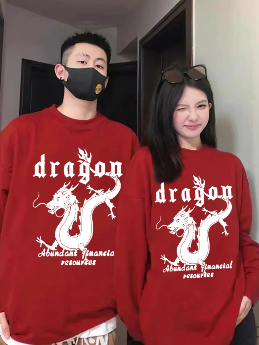 2024 New Year Hoodies 500g Cotton Flying Dragon Print Men Women Autumn Winter Plush  Print Long Sleeve Pullovers Sweatshirt Top