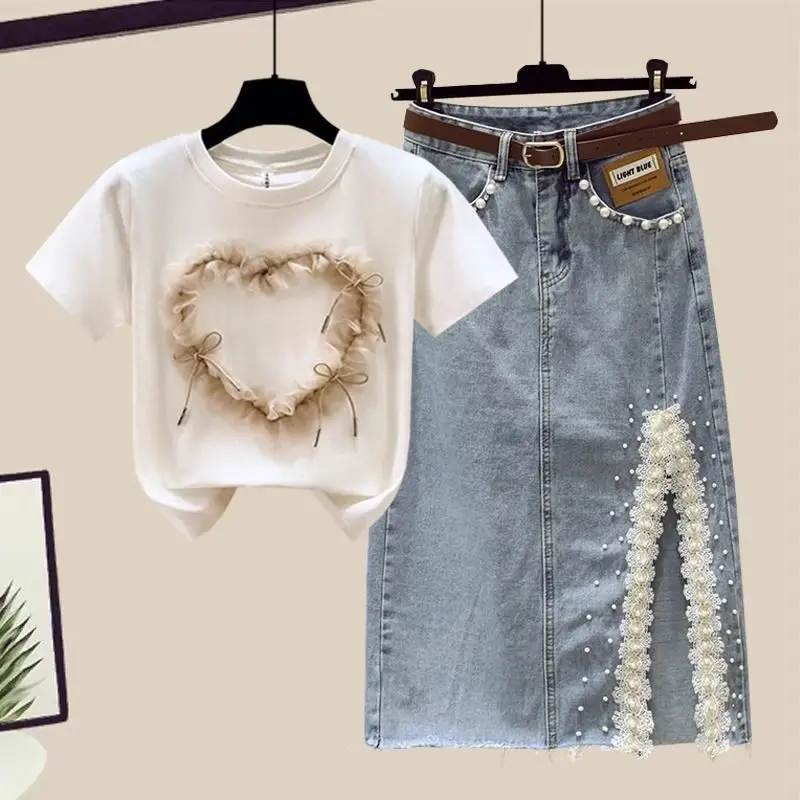 A Set of Matching Outfits This Year's Popular Short Sleeved Top Split Denim Skirt Internet Famous Street Style Two-piece Set