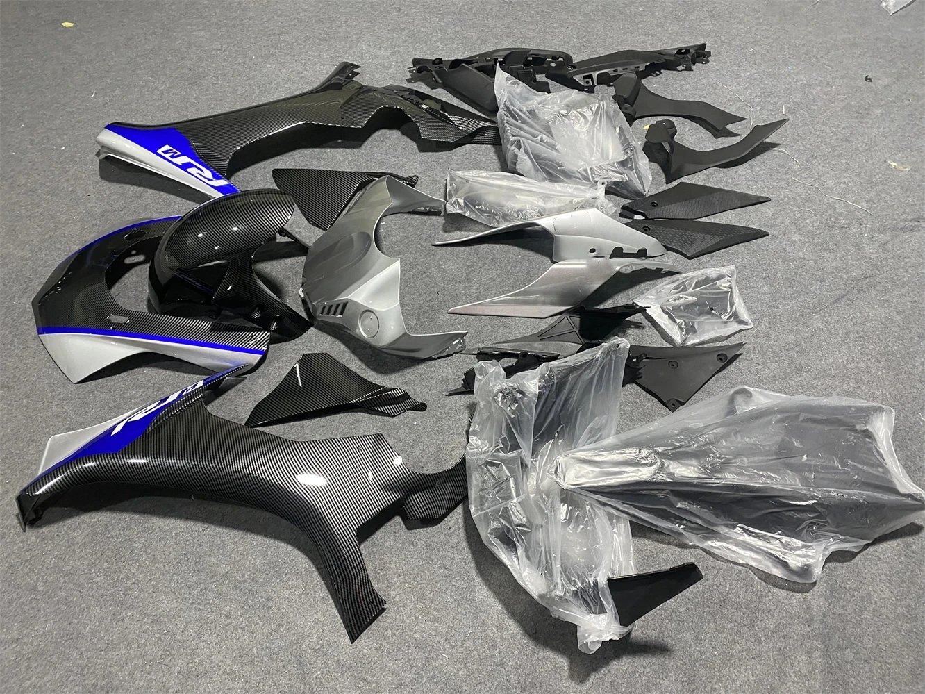 Kit de carenagem de motocicleta para yamaha yzf1000 ano 15-19 r1 2015 2016 2017 2018 2019 carenagem corporal pintura em fibra de carbono prata