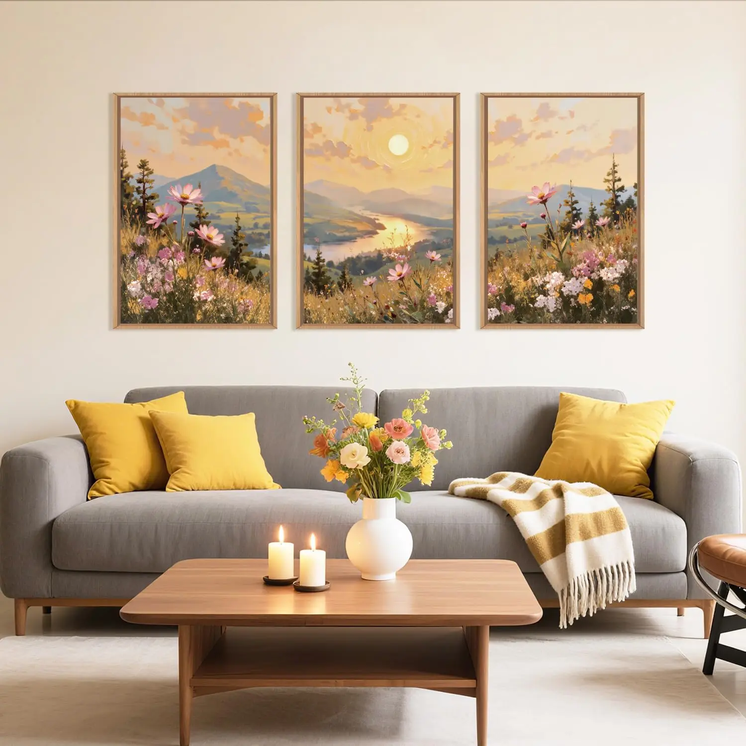 3pcs Bohemian Sunset Wildflower Canvas Picture Wall Art Natural Pink Flowers Nordic Living Room Dining Room Wall Home Decoration
