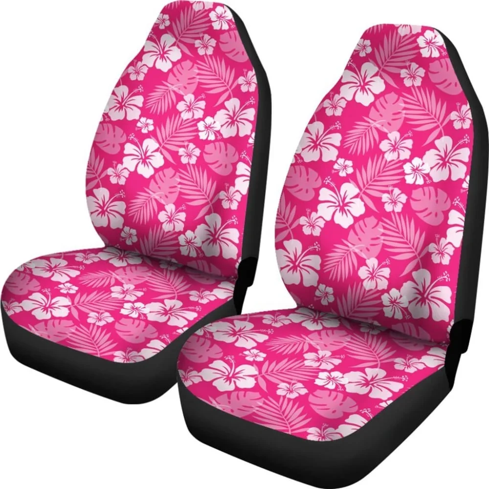 Hot Pink Magenta Hibiscus Flower Car Seat Covers Hawaiian Flower Polynesian Pattern,2 Universal Front Seat Protective Cover image 2