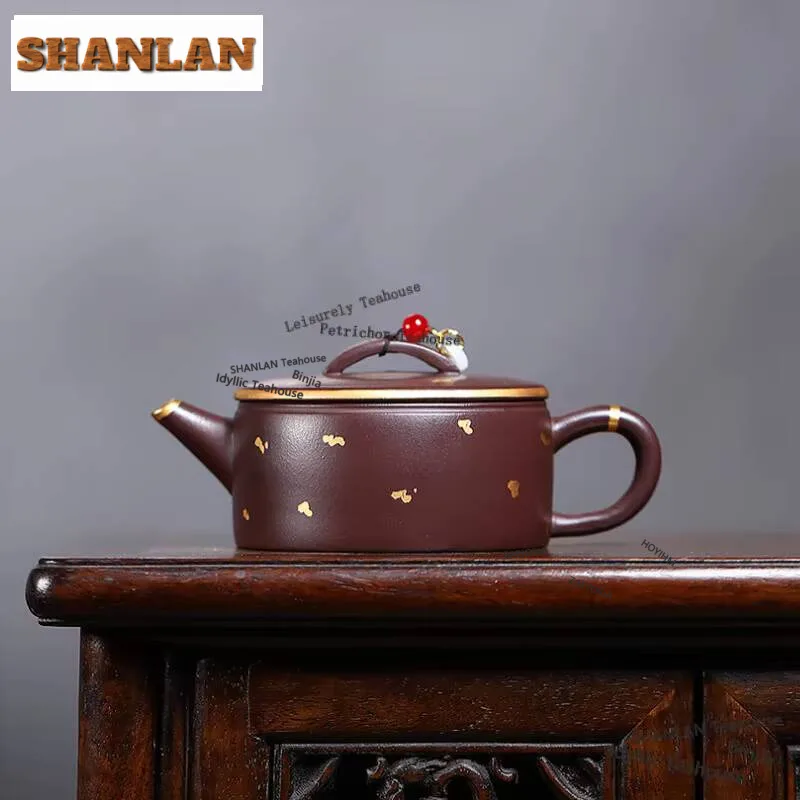 210ml Luxury Yixing Purple Clay Teapots Handmade Gold Drawing Large Diameter Pot Raw Ore Zhu Mud Kettle Zisha Tea Set Gifts